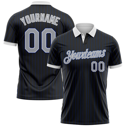 Custom Black Royal Pinstripe Gray-White Performance Polo Shirt - Main View