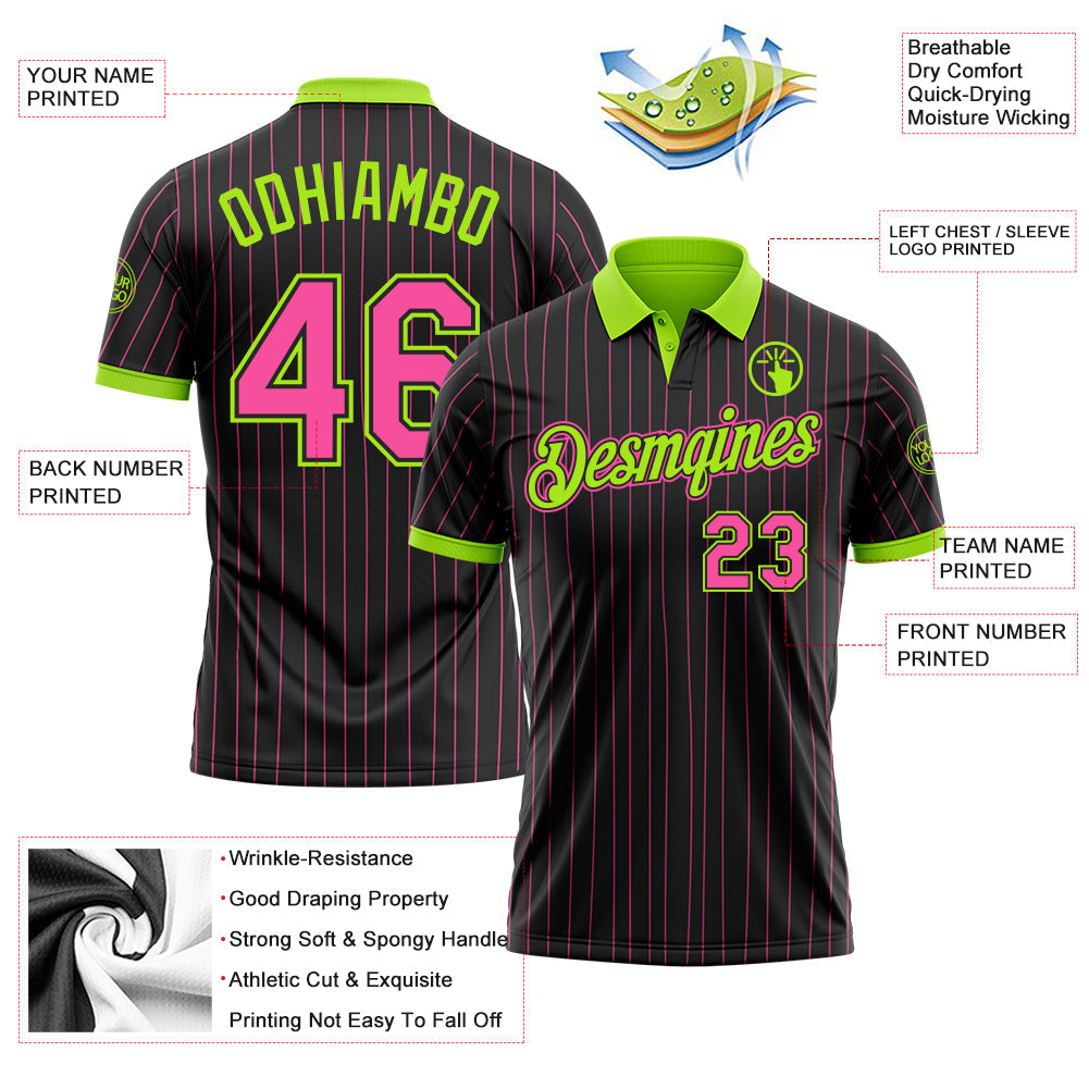 Custom Black Pink Pinstripe-Neon Green Performance Polo Shirt view 3