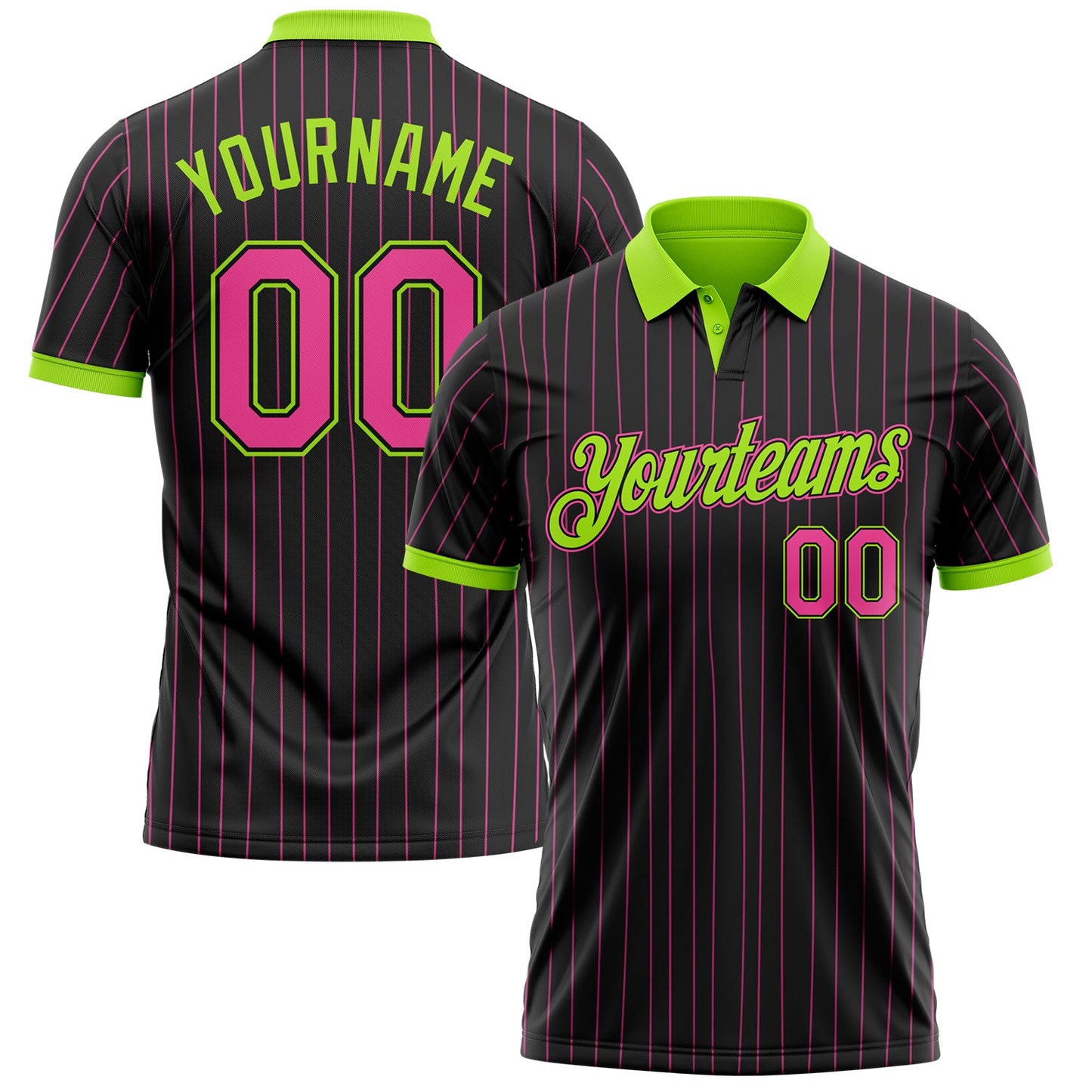 Custom Black Pink Pinstripe-Neon Green Performance Polo Shirt - Main View