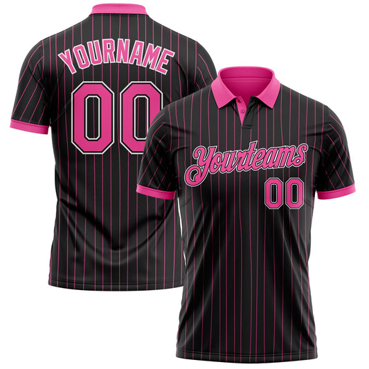Custom Black Pink Pinstripe-White Performance Polo Shirt - Main View