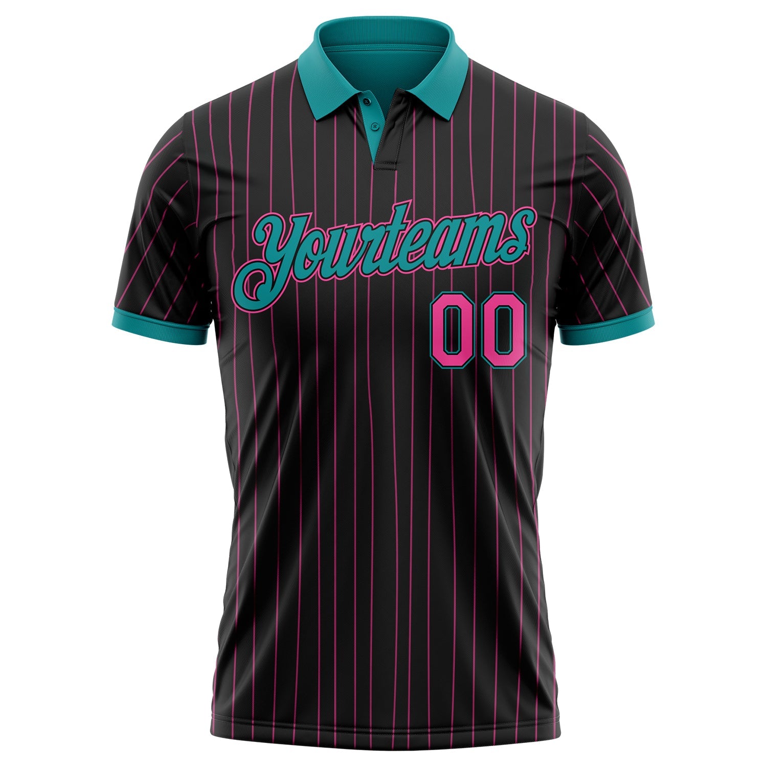 Custom Black Pink Pinstripe-Teal Performance Polo Shirt view 2