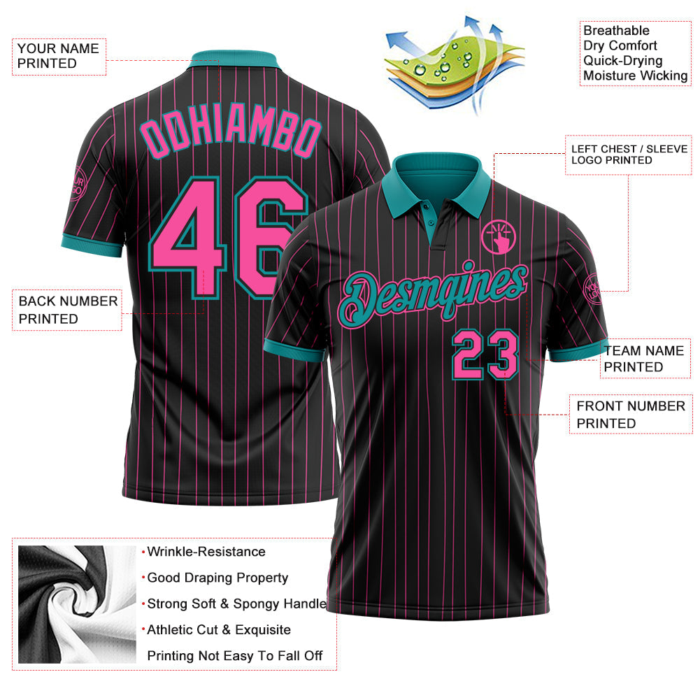 Custom Black Pink Pinstripe-Teal Performance Polo Shirt view 3