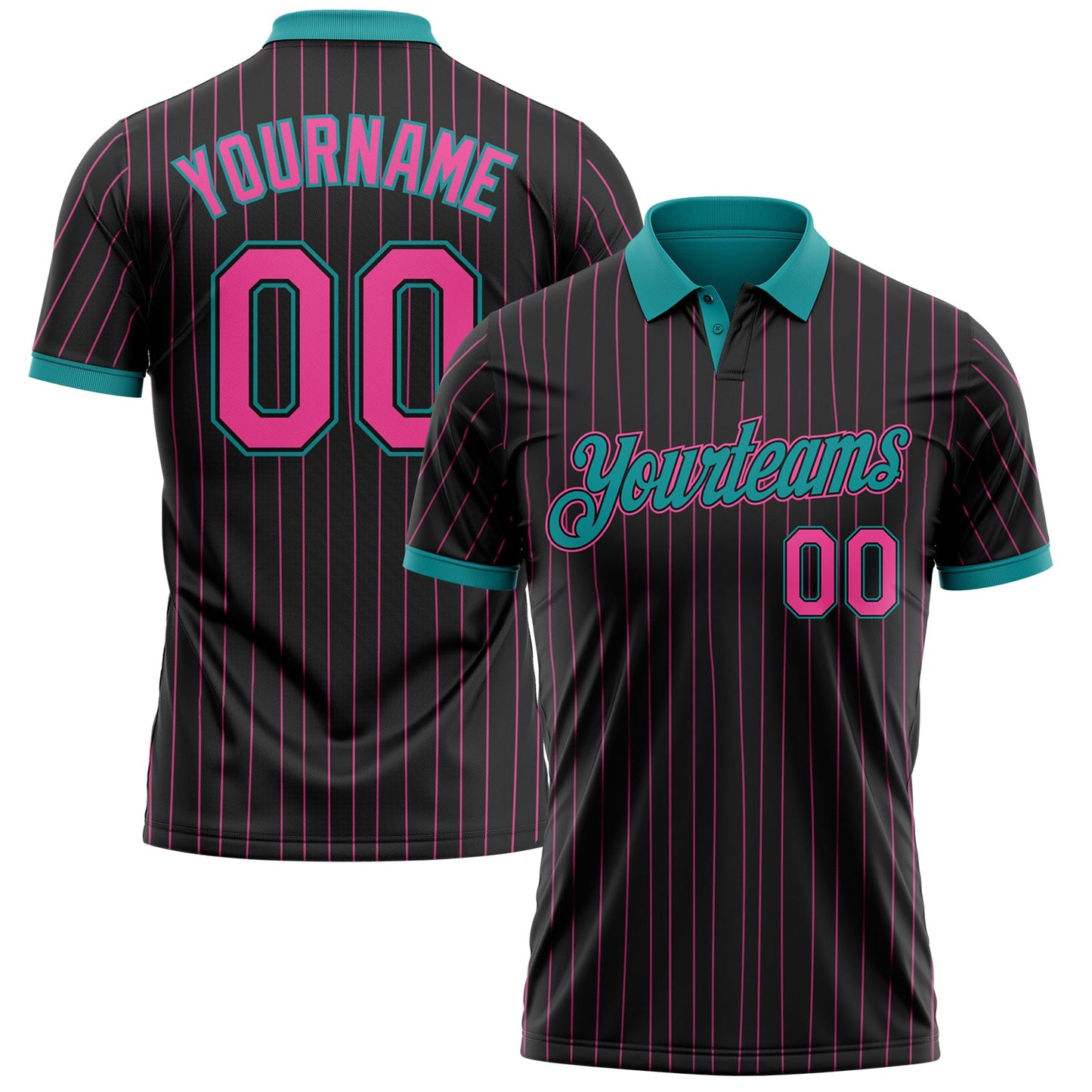 Custom Black Pink Pinstripe-Teal Performance Polo Shirt - Main View