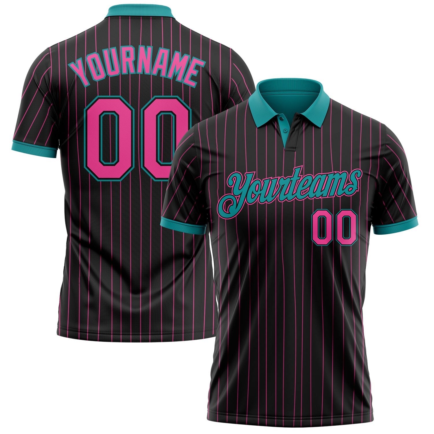 Custom Black Pink Pinstripe-Teal Performance Polo Shirt - Main View