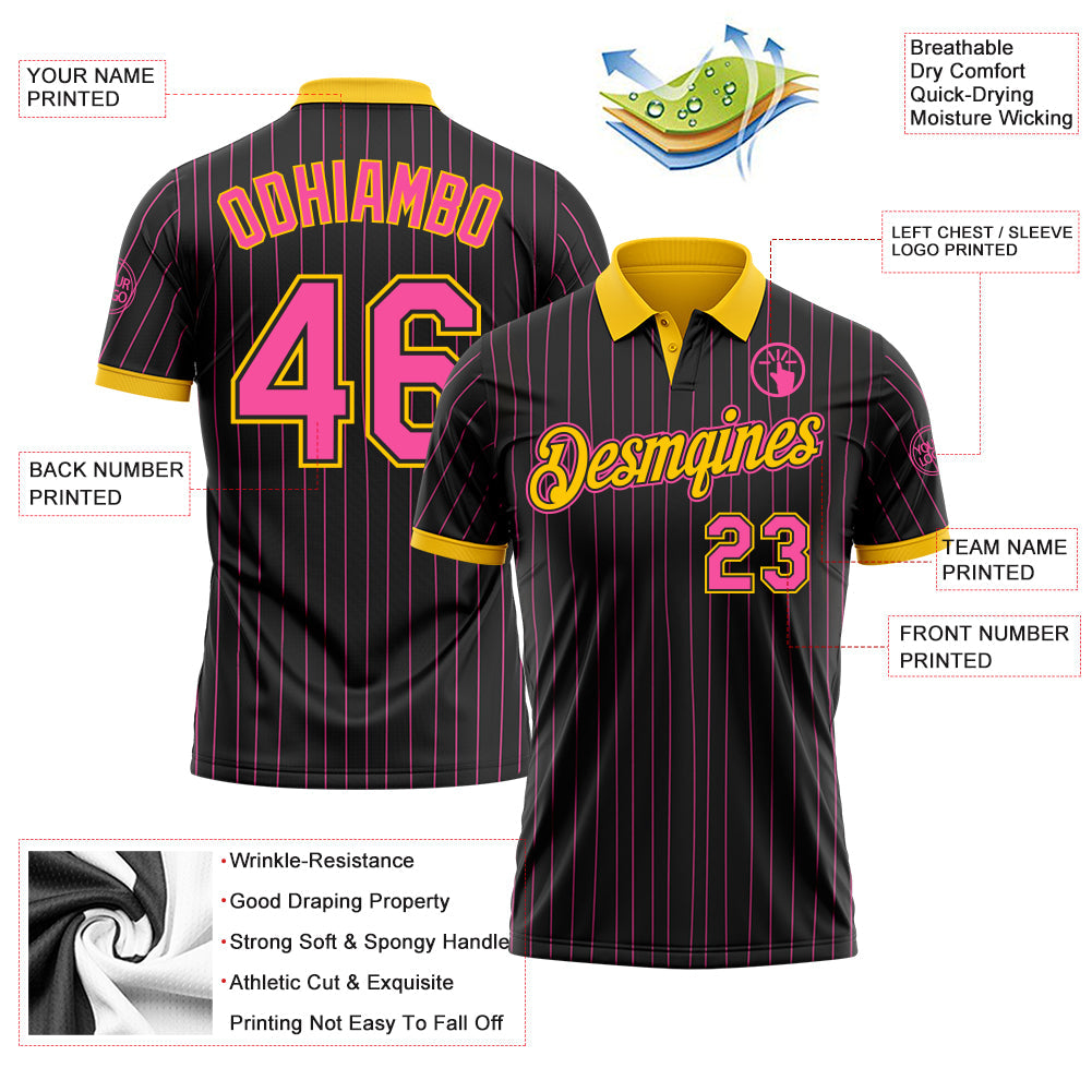 Custom Black Pink Pinstripe-Yellow Performance Polo Shirt view 3