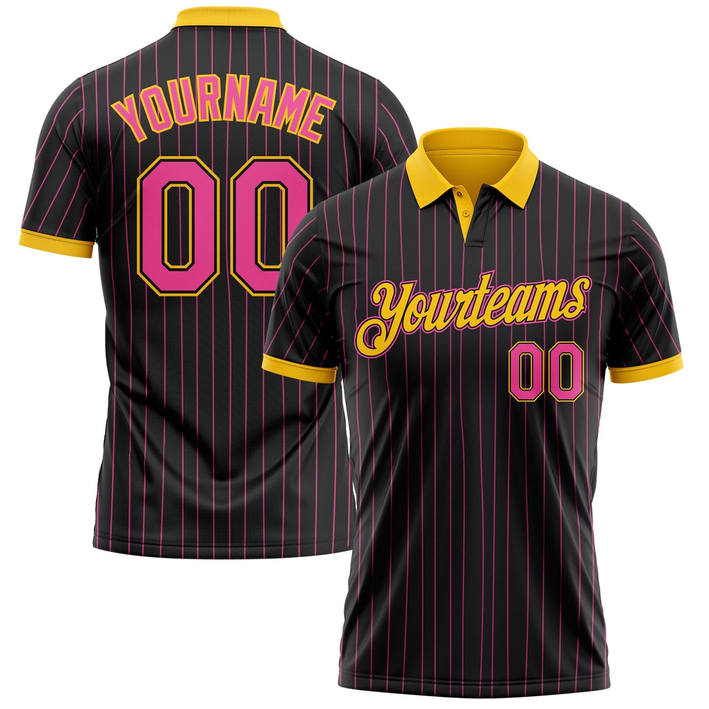 Custom Black Pink Pinstripe-Yellow Performance Polo Shirt - Main View