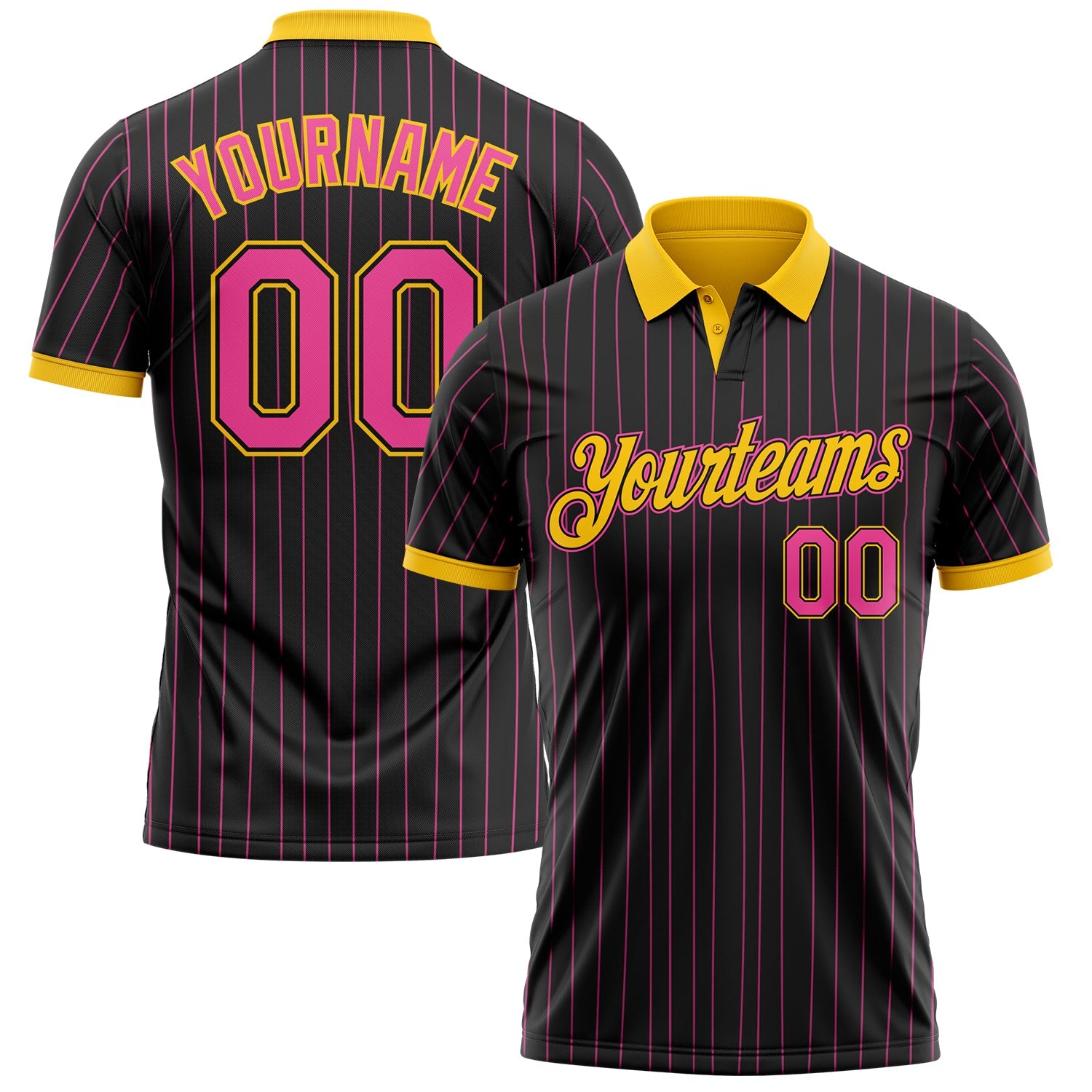 Custom Black Pink Pinstripe-Yellow Performance Polo Shirt - Main View