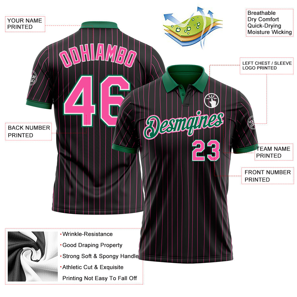 Custom Black Pink Pinstripe White-Kelly Green Performance Polo Shirt view 3