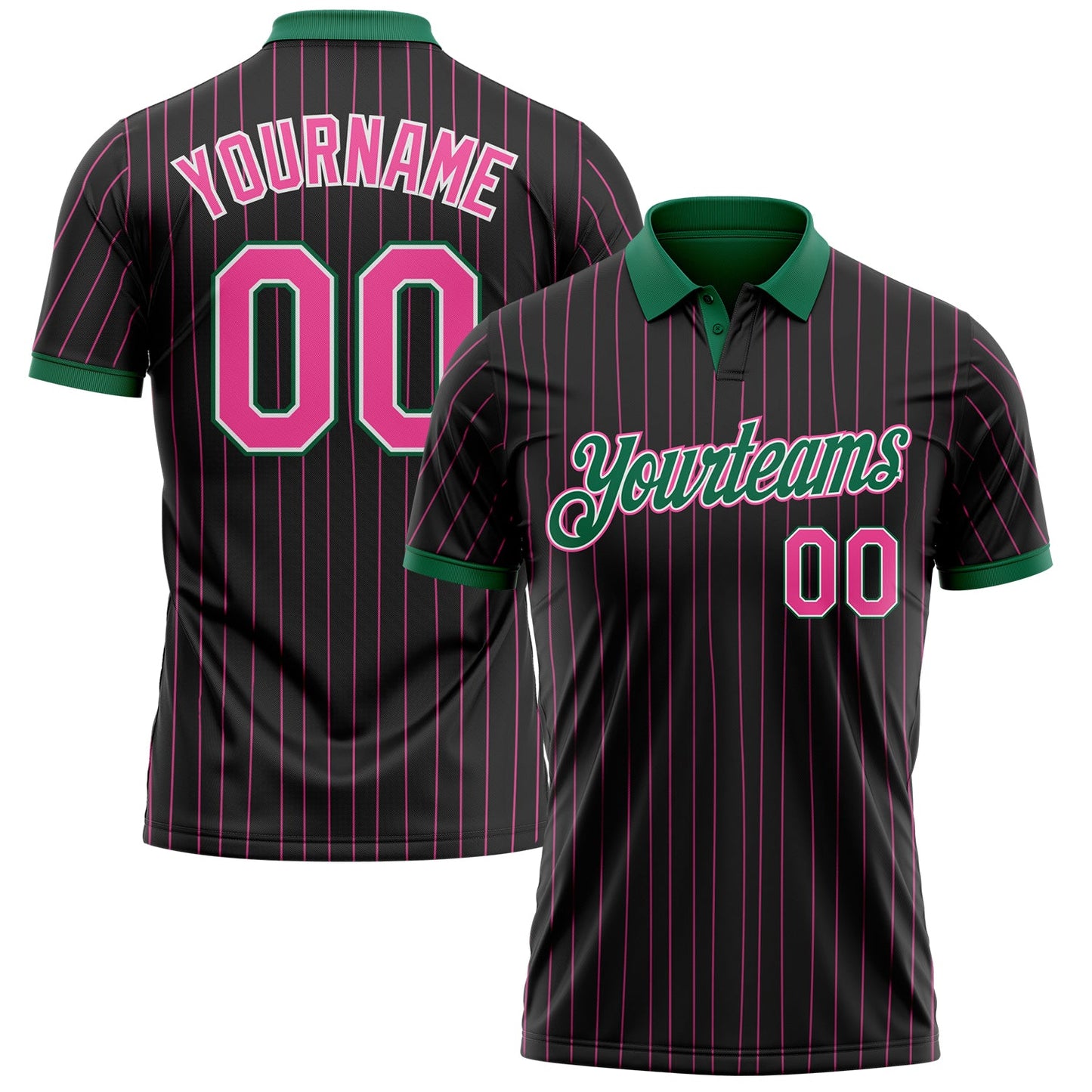 Custom Black Pink Pinstripe White-Kelly Green Performance Polo Shirt - Main View