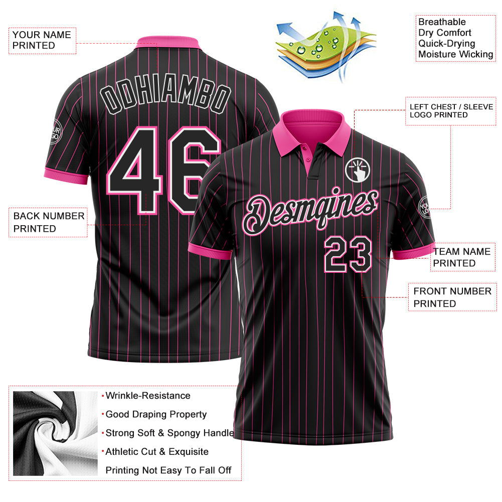 Custom Black Pink Pinstripe-White Performance Polo Shirt view 3