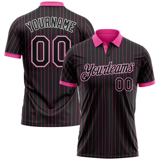 Custom Black Pink Pinstripe-White Performance Polo Shirt - Main View