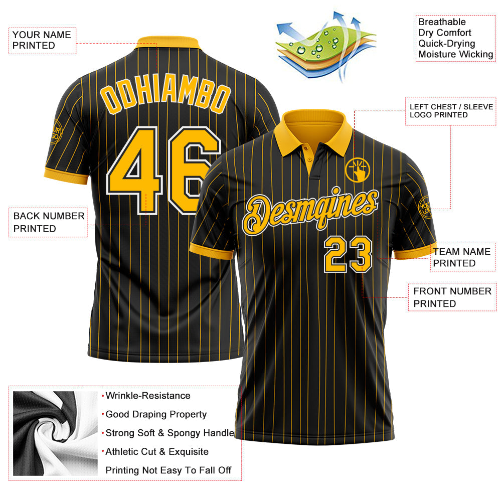 Custom Black Gold Pinstripe-White Performance Polo Shirt view 3