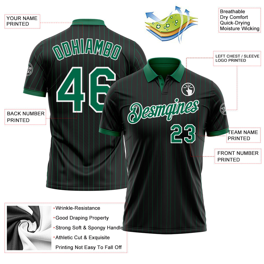 Custom Black Kelly Green Pinstripe-White Performance Polo Shirt view 3