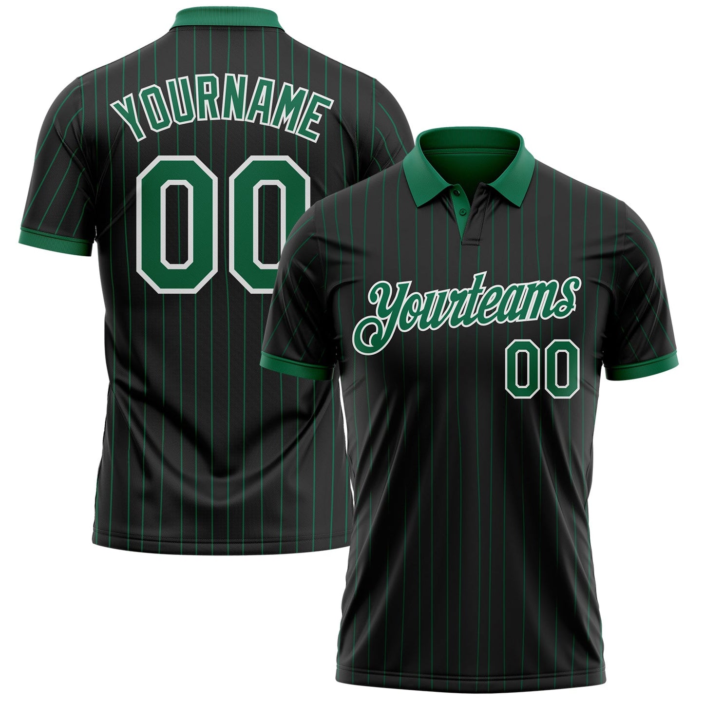 Custom Black Kelly Green Pinstripe-White Performance Polo Shirt - Main View