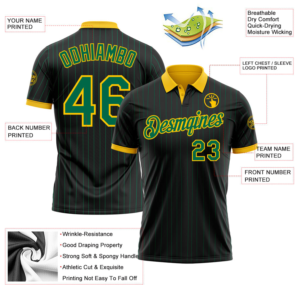 Custom Black Kelly Green Pinstripe-Yellow Performance Polo Shirt view 3