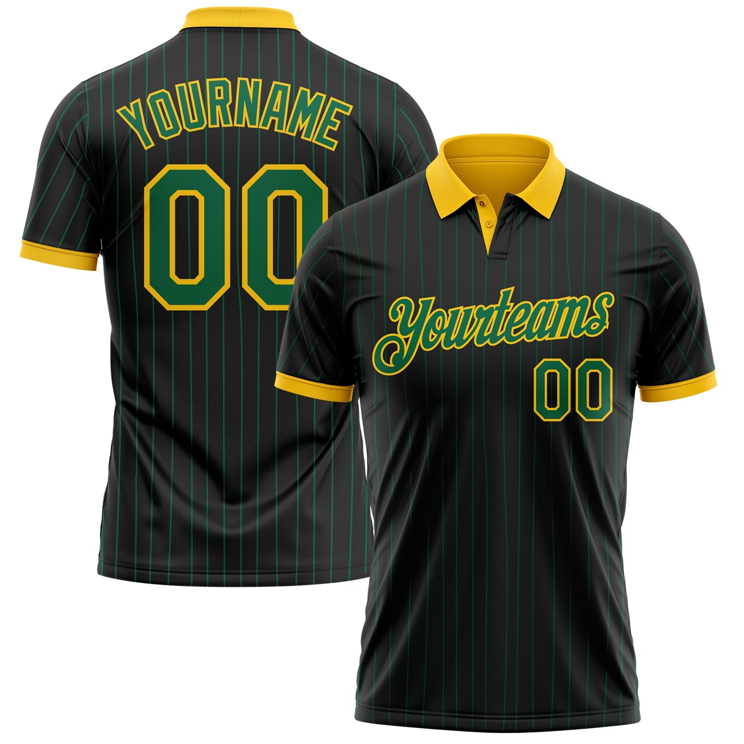 Custom Black Kelly Green Pinstripe-Yellow Performance Polo Shirt - Main View