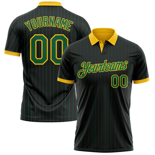 Custom Black Kelly Green Pinstripe-Yellow Performance Polo Shirt - Main View