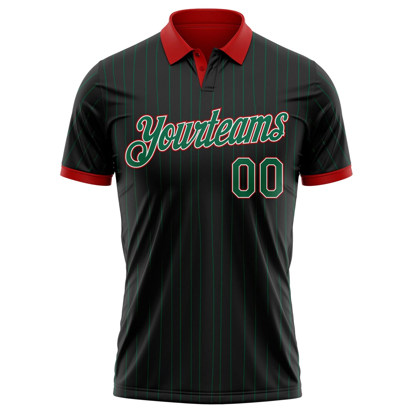 Custom Black Kelly Green Pinstripe White-Red Performance Polo Shirt view 2