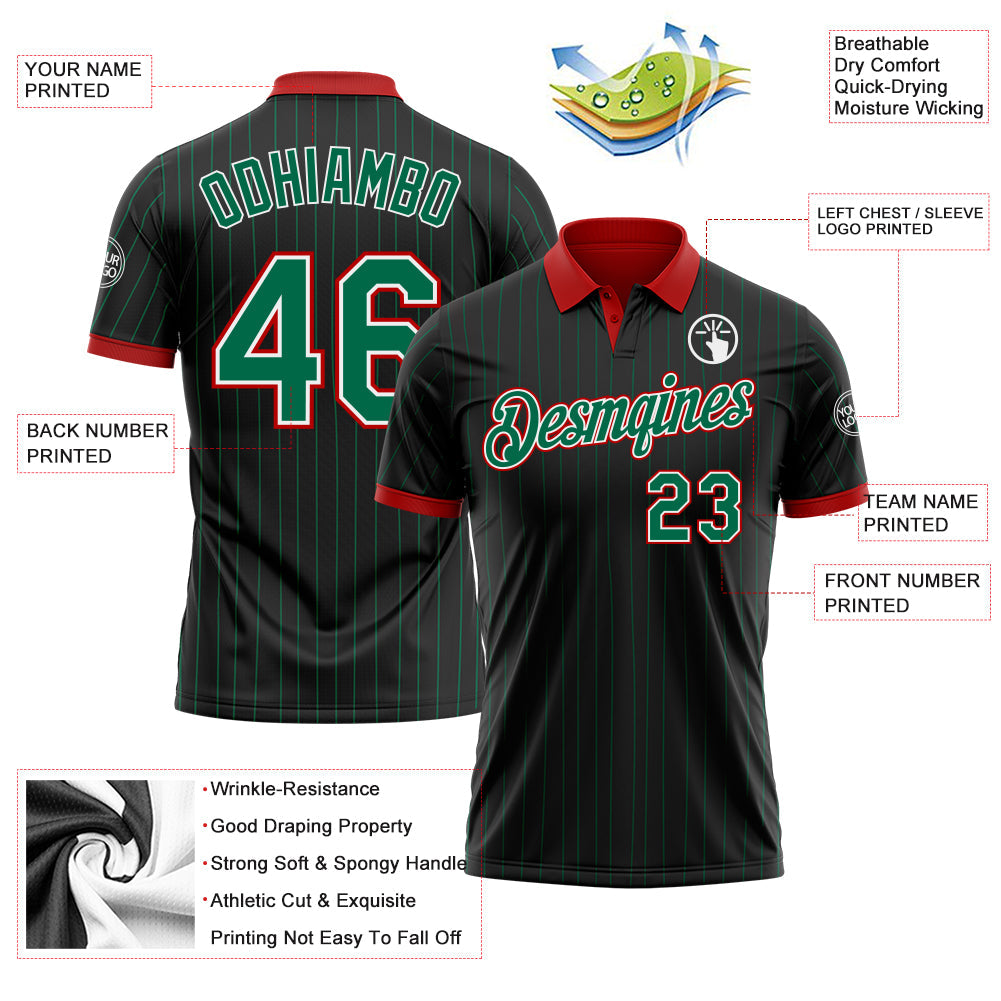 Custom Black Kelly Green Pinstripe White-Red Performance Polo Shirt view 3