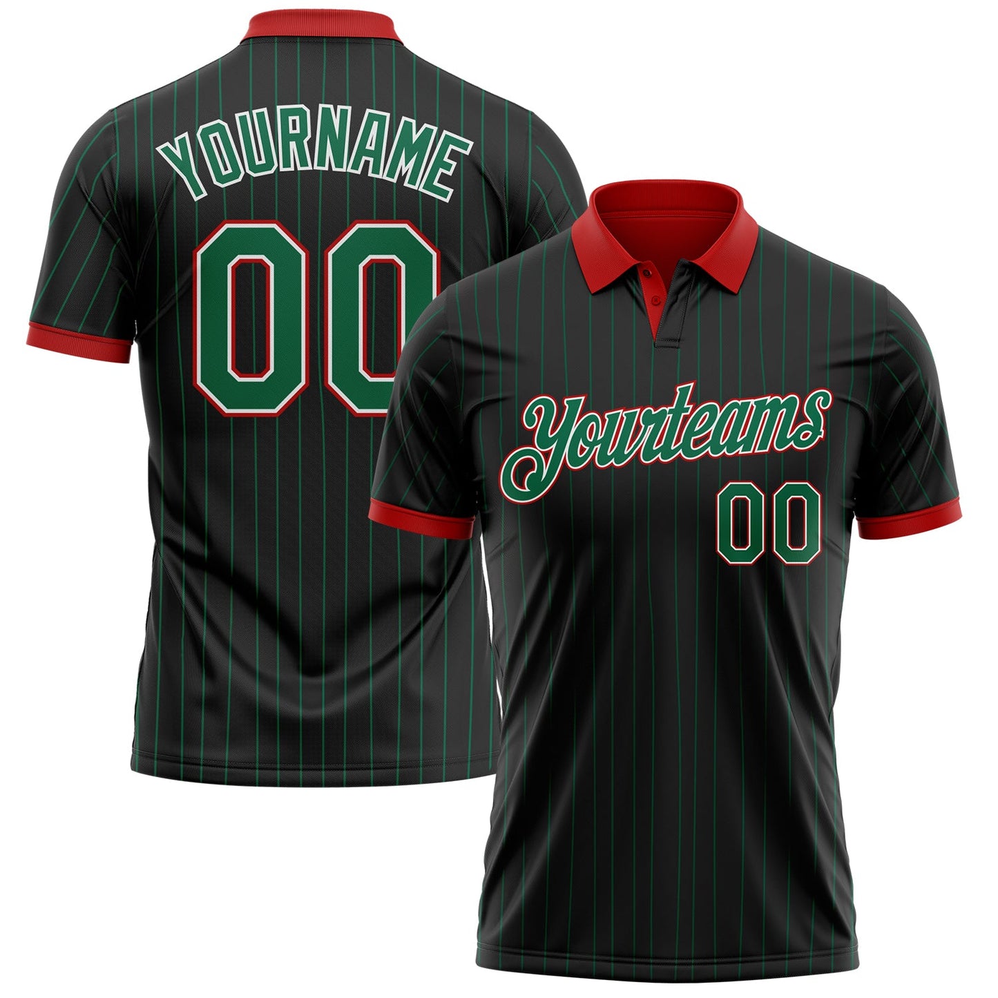 Custom Black Kelly Green Pinstripe White-Red Performance Polo Shirt - Main View