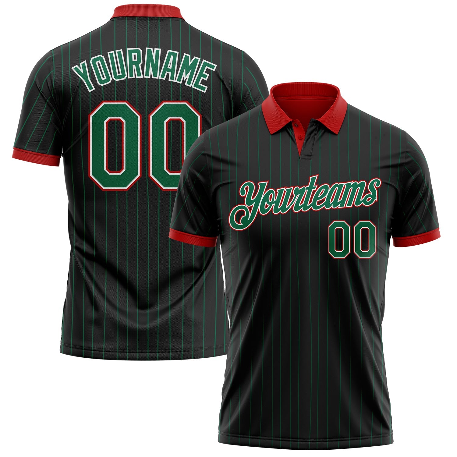 Custom Black Kelly Green Pinstripe White-Red Performance Polo Shirt - Main View