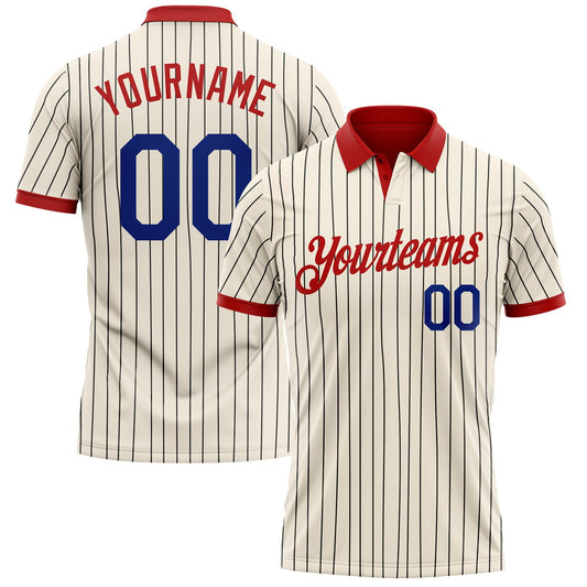 Custom Cream Black Pinstripe Royal-Red Performance Polo Shirt - Main View