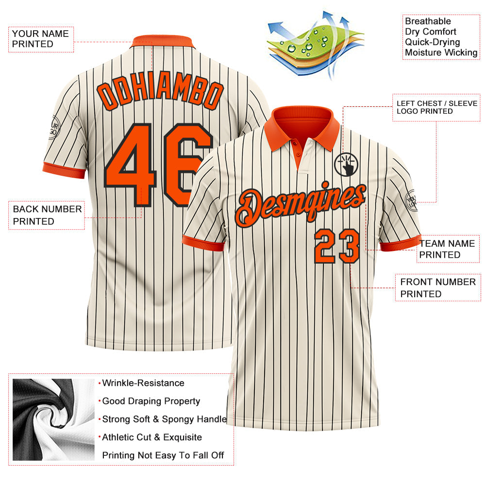 Custom Cream Black Pinstripe-Orange Performance Polo Shirt view 3