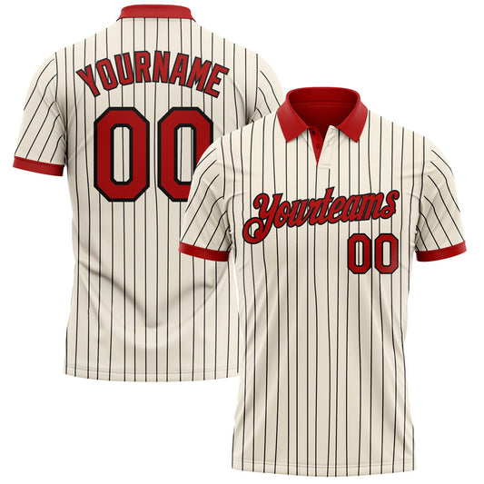 Custom Cream Black Pinstripe-Red Performance Polo Shirt - Main View