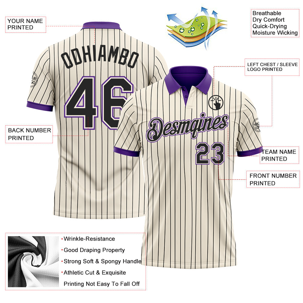 Custom Cream Black Pinstripe-Purple Performance Polo Shirt view 3