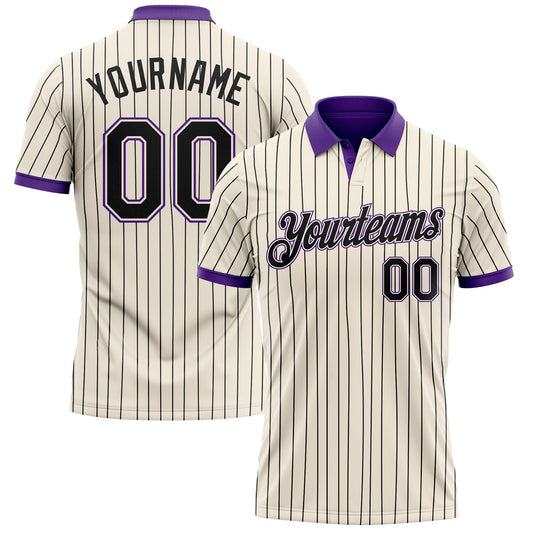 Custom Cream Black Pinstripe-Purple Performance Polo Shirt - Main View
