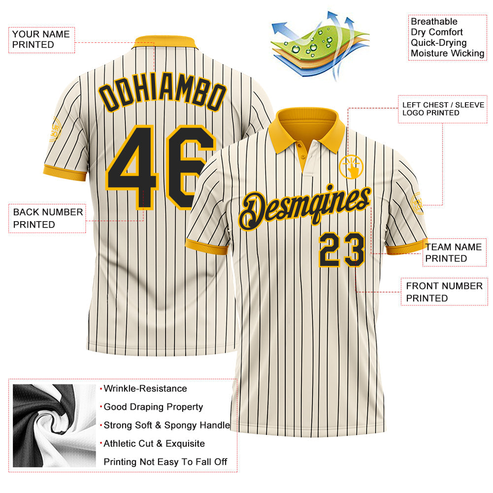 Custom Cream Black Pinstripe-Gold Performance Polo Shirt view 3