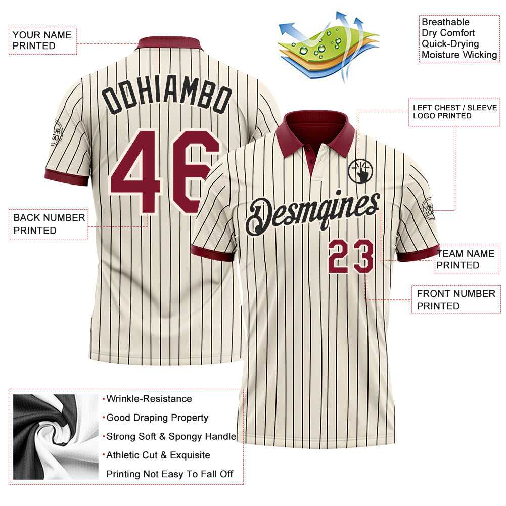 Custom Cream Black Pinstripe-Crimson Performance Polo Shirt view 3