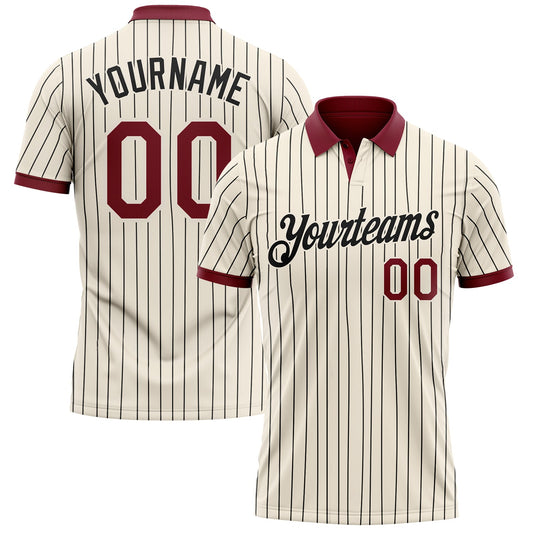 Custom Cream Black Pinstripe-Crimson Performance Polo Shirt - Main View