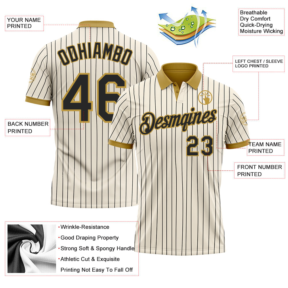 Custom Cream Black Pinstripe-Old Gold Performance Polo Shirt view 3