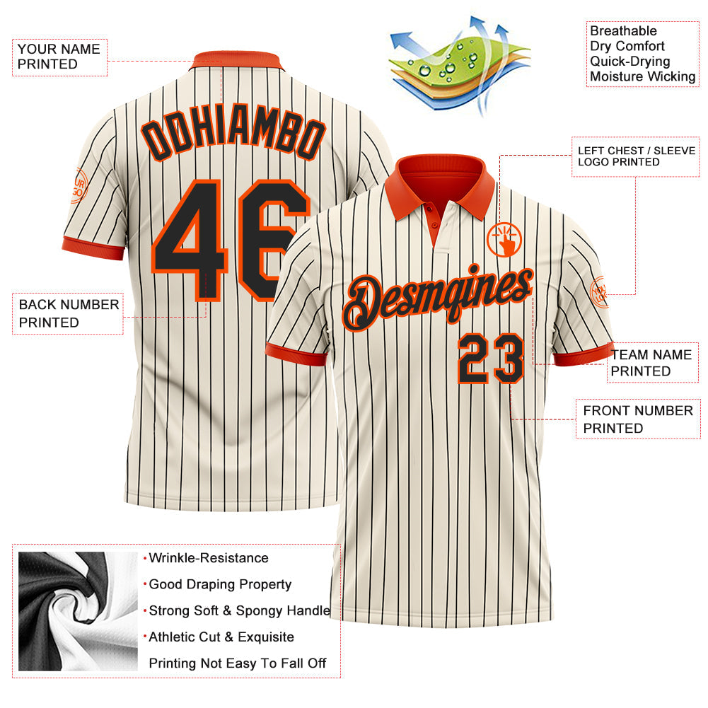 Custom Cream Black Pinstripe-Orange Performance Polo Shirt view 3