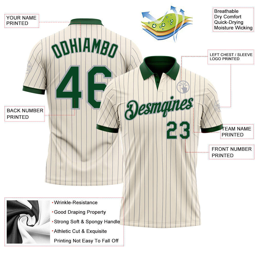 Custom Cream Gray Pinstripe-Green Performance Polo Shirt view 3