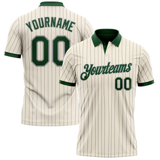 Custom Cream Gray Pinstripe-Green Performance Polo Shirt - Main View
