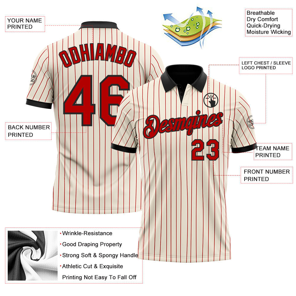 Custom Cream Red Pinstripe-Black Performance Polo Shirt view 3