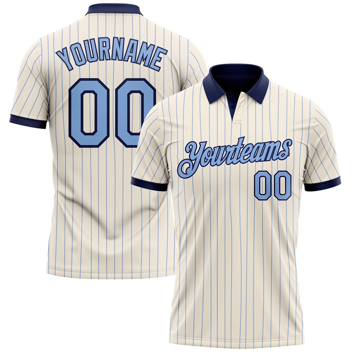 Custom Cream Light Blue Pinstripe-Navy Performance Polo Shirt - Main View