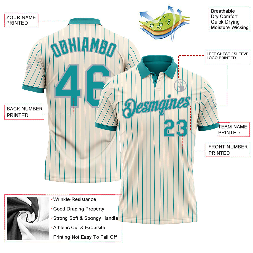 Custom Cream Teal Pinstripe-Gray Performance Polo Shirt view 3