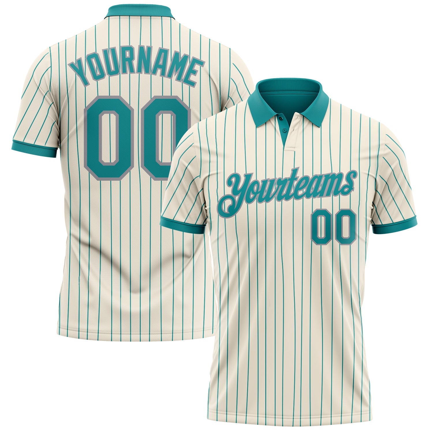 Custom Cream Teal Pinstripe-Gray Performance Polo Shirt - Main View