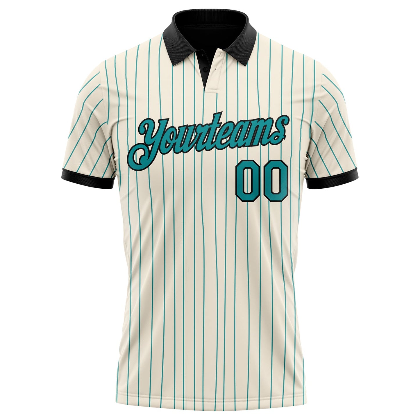 Custom Cream Teal Pinstripe-Black Performance Polo Shirt view 2