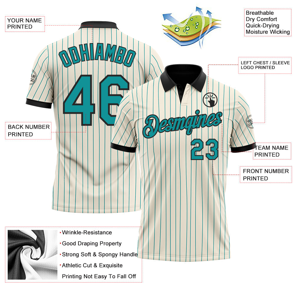 Custom Cream Teal Pinstripe-Black Performance Polo Shirt view 3