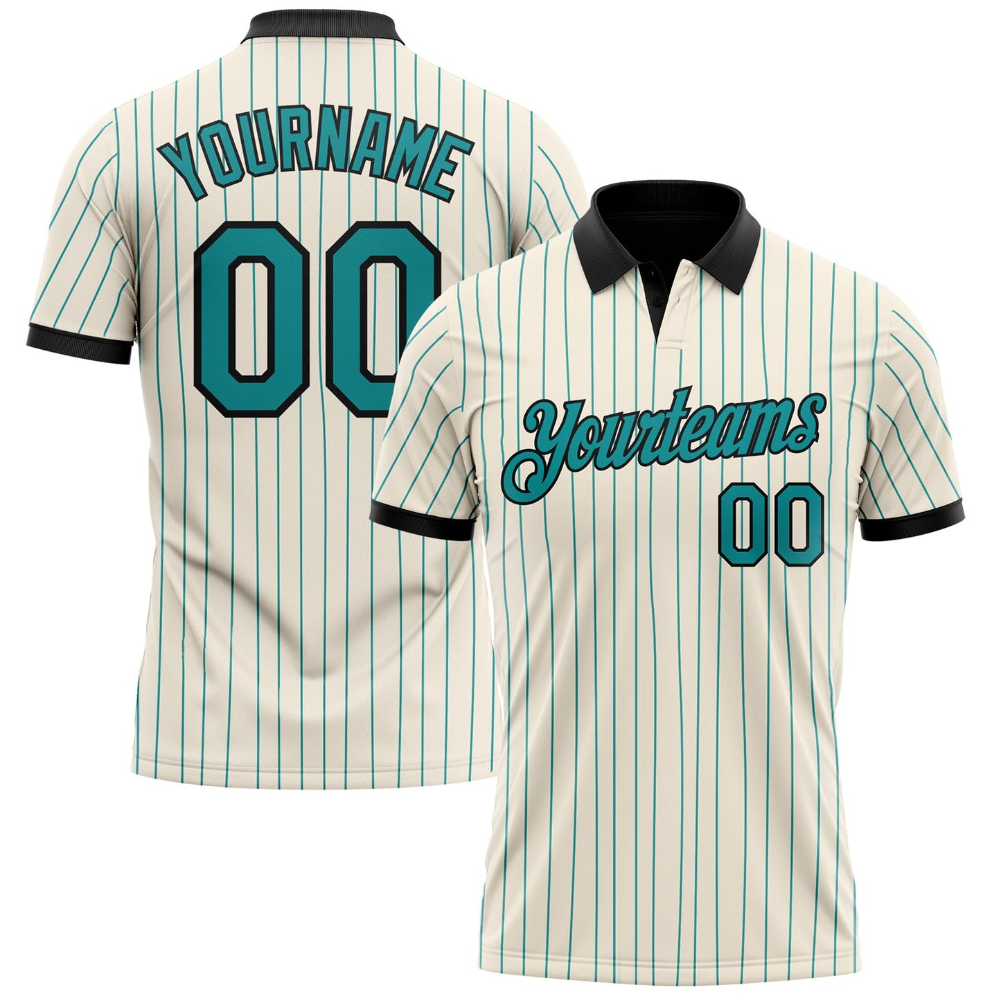 Custom Cream Teal Pinstripe-Black Performance Polo Shirt - Main View