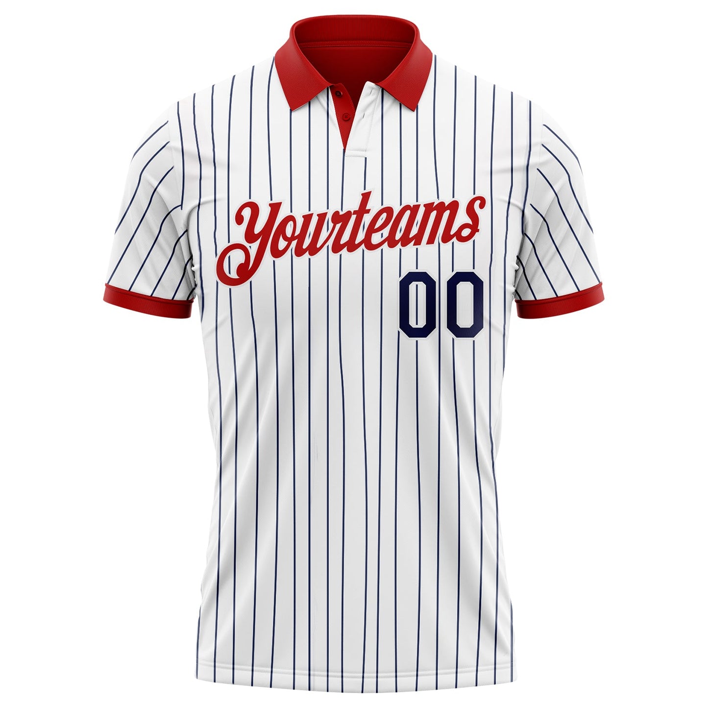 Custom White Navy Pinstripe-Red Performance Polo Shirt view 2