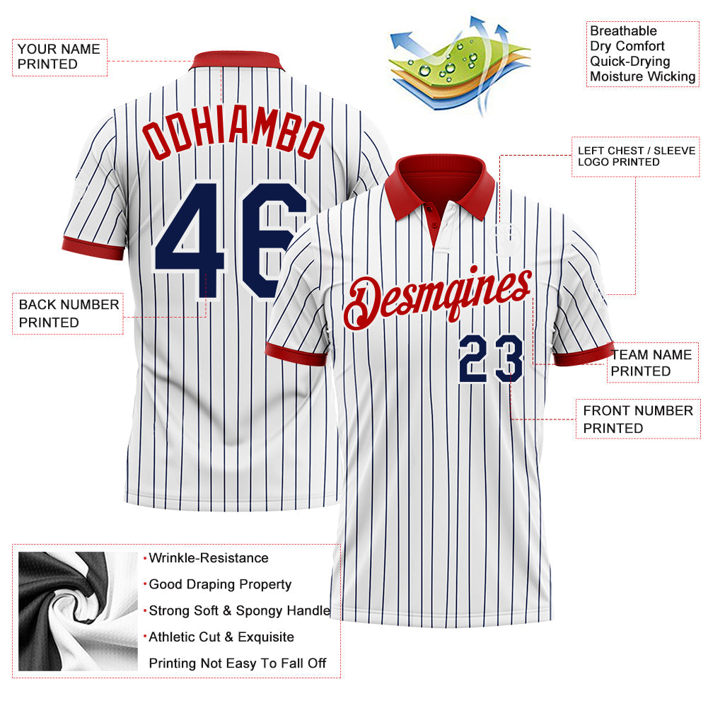 Custom White Navy Pinstripe-Red Performance Polo Shirt view 3
