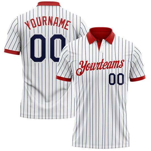 Custom White Navy Pinstripe-Red Performance Polo Shirt - Main View
