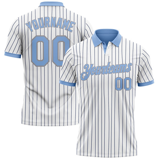 Custom White Navy Pinstripe Light Blue-Gray Performance Polo Shirt - Main View