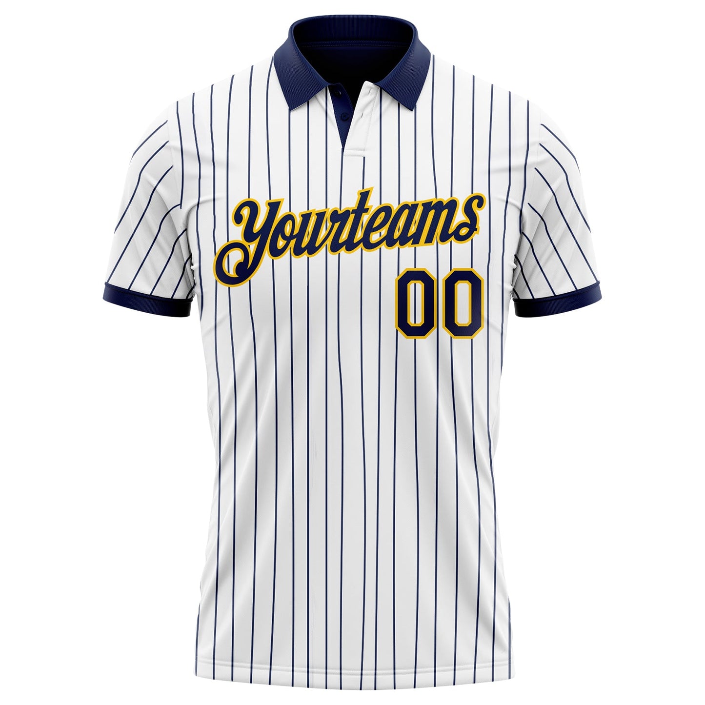 Custom White Navy Pinstripe-Yellow Performance Polo Shirt view 2