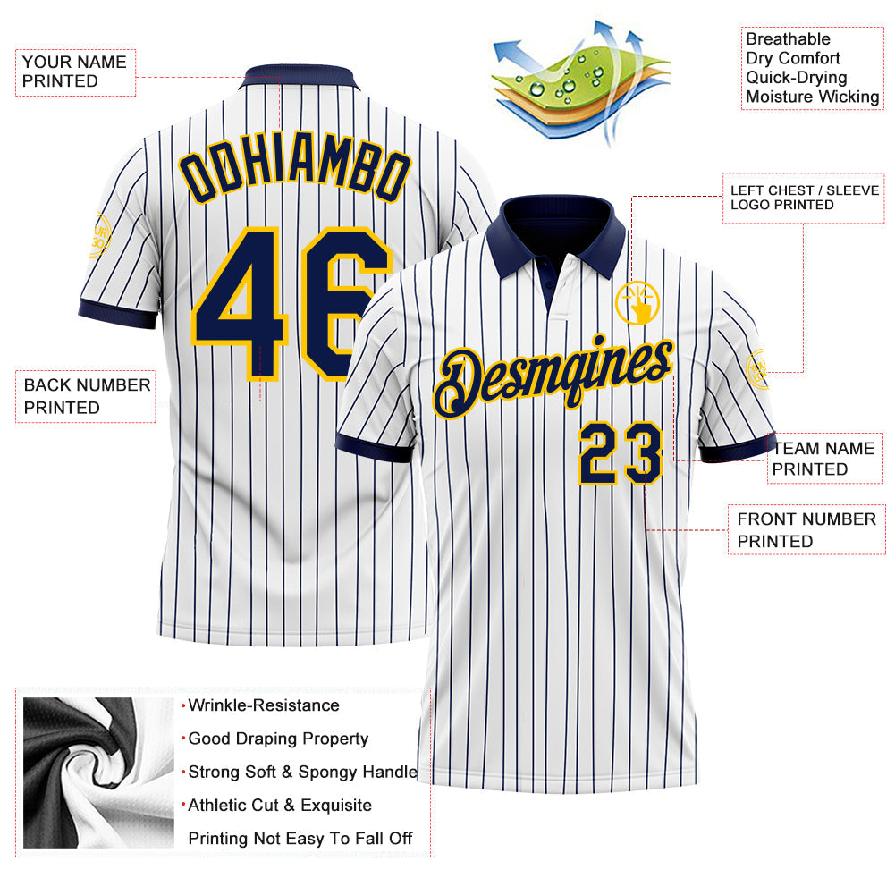 Custom White Navy Pinstripe-Yellow Performance Polo Shirt view 3